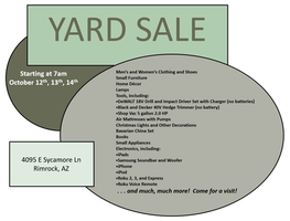 Yard Sale in Rimrock, October 12th, 13th, 14th starting at 7am!